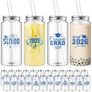 lot 58643 image: 24 Pcs Graduation Gifts 13.5 oz Class of 2026 Plastic Cups with Lid and Straws Bulk Senior Mason Jars Bottles Reusable Tumblers for College Congrats Graduate Party Supplies (Blue) - Retail $28