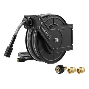 lot 58646 image: Giraffe Tools Pressure Washer Hose Reel with 60ft Replaceable Hose, Power Washer Retractable Hose Reel, Heavy Duty, WallFloor Mounted, 4000 PSI - Retail $153