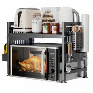 lot 58657 image: Extendable microwave oven rack, countertop kitchen utensil and utensil storage rack, with 6 hooks, cling film holder, spice rack, and utensil holder, suitable for ovens, microwaves, etc. - Retail $39