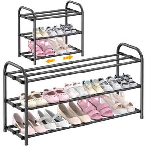 lot 58658 image: 3-Tier Expandable Shoe Rack for Entryway��Adjustable Metal Shoe Organizer for Closet,Living Room,Dorm,Black - Retail $23