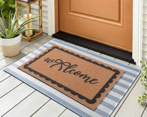 lot 58659 image: 2 Pcs Blue Bow Welcome Doormat Layered Blue and White Striped Door Mat 23x35 Inch Coquette Non Slip Nature Coir Doormat for Front Door Porch Coquette Wedding Entryway Decor - Retail $27