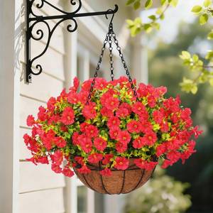 lot 58666 image: Artificial Hanging Flowers for Outdoors, Fake Hanging Plants with Baskets, UV Resistant Hanging Flowers Fake Flowers for Outdoors Porch Patio Garden Spring Summer Decor(Red) - Retail $30