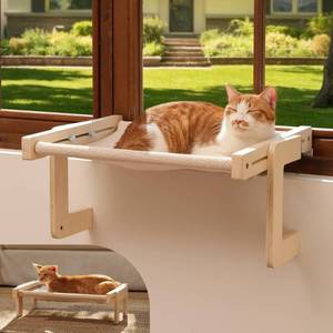 lot 58667 image: 3-in-1 Cat Window Perch, Convertible Hammock for Windowsill, Bedside and Floor, Sturdy Cat Window Bed wWashable Linen Fabric for Indoor Large Cats and Kitten, Reinforced Wood and Metal Frame - Retail $30