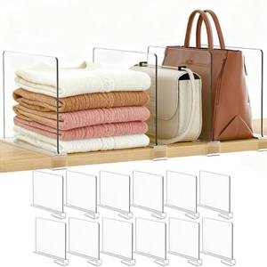 lot 58674 image: Purse Organizer for Closet Shelf Dividers 12-Pack Adjustable Clear Acrylic Bag Storage Organizer for Handbags, Sweaters, Towels, Jeans and Shoes on Wood Shelves - Retail $34