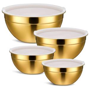 lot 58681 image: 4 Pcs Gold Mixing Bowls with Airtight Lids, Stainless Steel Mixing Bowls Metal Nesting Organizers for Kitchen Mixings Prepping Storing Serving Food, Non-slip Bottom Size 5.5, 3.6, 2.7, 2.1Qt - Retail $50