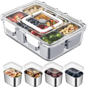 lot 58690 image: Snackle Box Container, Stainless Steel Divided Serving Tray with Lid and Handle, 8 Compartment Portable Snack Platters - Clear Storage Organizer for Fruit Candy Nuts Veggie - Perfect for Travel Party - Retail $40