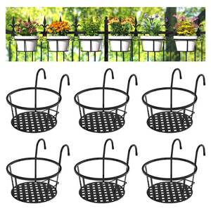 lot 58693 image: Iron Hanging Plant Holder Over The Rail Metal Fence Planters, Hanging Bucket Flower Pot Holder for Patio Balcony Outdoor Plants - Pack of 6 (Black) - Retail $40