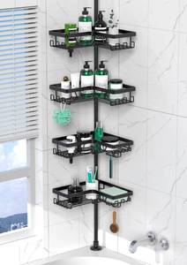 lot 58695 image: Corner Shower Caddy Tension Pole - 4 Tier Stainless Steel Rustproof Shower Corner Caddy for Bathtub Bathroom Shower Organizer Shelves Adjustable Pole 25-114.2 Inch Black - Retail $34
