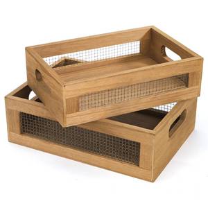 lot 58698 image: Set of 2 Decorative Wooden Crates, Rustic Countertop Nesting Basket with Handle, Antique Small Storage Containers for Fruit, Veggies, Kitchen, Bathroom, Shelf, Pantry, Gift Basket - Retail $22