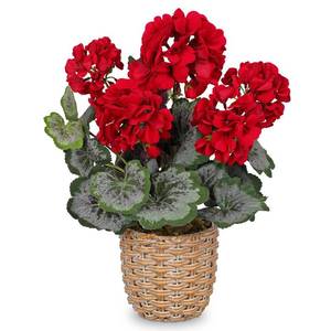 lot 58700 image: Artificial Red Geranium Flowers in Woven Basket, 14.5���� Tall Silk Flower Arrangement, Realistic Geraniums Artificial Outdoor Plants for Home Indoor Farmhouse Table Wedding Centerpiece Decor - Retail $27