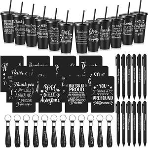 lot 58705 image: 12 Sets  48 Pcs Inspirational Appreciation Gifts Thank You for Coworkers, 24 oz Plastic Cup with Lid Straw Notebooks Ballpoint Pens Keychain Associate Appreciation Gifts (Black) - Retail $36