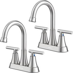 lot 58708 image: Bathroom Faucets for Sink 3 Hole, Hurran 4 inch Brushed Nickel Bathroom Sink Faucet with Pop-up Drain and Supply Hoses, Stainless Steel Lead-Free Centerset Faucet for Vanity RV, 2 Pack - Retail $68