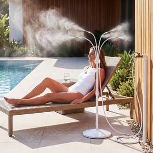 lot 58712 image: Standing Misting Cooling System with Fillable Base, 26.2FT Water Line, Adjustable Height Standing Mister for Outside Patio Cooling, Pool Tanning, Garden Greenhouse Watering (White) - Retail $30