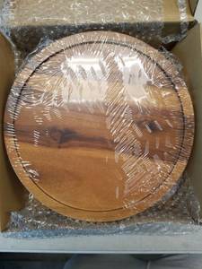 lot 58713 image: 10 Acacia Wood Round Tray - Decorative Plant Stand, Farmhouse Countertop Organizer, Multi-Purpose Display Pedestal, Riser Board for Soap, Perfume, Candles, Sponge, Bathroom, Kitchen - Retail $25