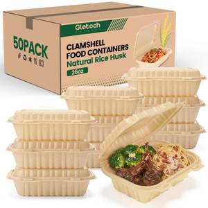 lot 58722 image: Clamshell Food Containers with Lids, 26oz Take Out Boxes Disposable Meal Prep Containers Natural Rice Husk Material Durable To Go Containers for Pasta Salad Sandwich Microwave Freezer Safe, Count Unknown. - Retail $25