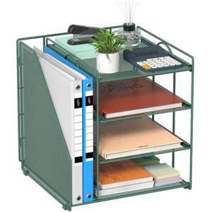 lot 58731 image: Desk File Organizer and Accessories, 4-Tier Paper Organizer with Vertical File Holder, Office Desk Accessories & Workspace Organizers and Storage for Office Supplies (Green) - Retail $27