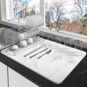 lot 58734 image: Stone Drying Mat for Kitchen Counter,Extra Large 15.3X23.6 Marble Stone Dish Drying Mat,Super Absorbent Quick Drying Diatomite Stone Dish Drying Mat��Non-Slip&Heat Resistant,With 8 Non-slip Mat,White1 - Retail $40