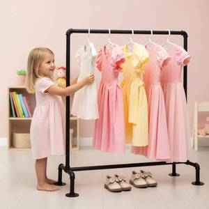 lot 58746 image: Kids Pipes Dress up Clothing Rack, Kids Clothes Rack, Child Garment Rack, Hanging Clothes Rod Storage Shelf Organizers Shelves Shelving, Black Metal - Retail $40