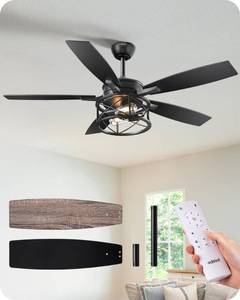 lot 58747 image: 42 Black Farmhouse Ceiling Fans with Lights, Remote Control, Dimmable, 6 Speeds, 5 Wood Blades, DC Reversible Motor, Timer, Noiseless, Small Rustic Fan for Bedroom Living Room Kids Room - Retail $130