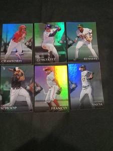 lot 6257 image: Bowman Platinum MLB Baseball Cards Lot of 6 - Crawford, Gonzalez, Russell, Schoop, Franco, Ynoa