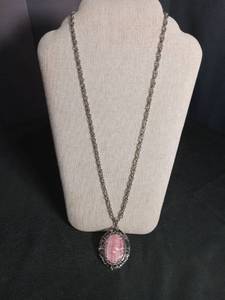 lot 6376 image: Pink Stone Oval Pendant Necklace with Silver-Tone Chain
