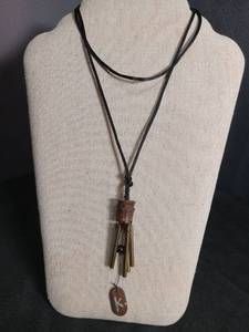 lot 6393 image: Necklace with Wood and Metal Pendant, Black Cord