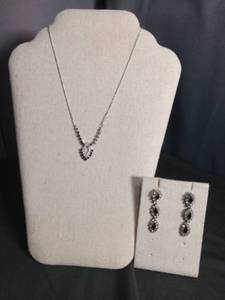 lot 6399 image: Black and Clear Crystal Heart Pendant Necklace with Matching Earrings Set