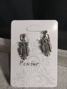 lot 6404 image: Pewter Owl Drop Earrings with Green Stone Eyes