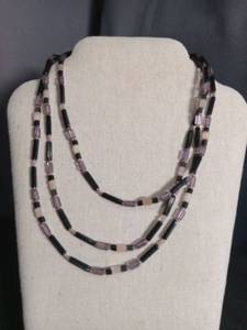 lot 6406 image: Multi-strand Beaded Necklace Black Purple Cream Tube Beads