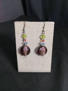 lot 6425 image: Pair Beaded Drop Earrings with Purple Sphere and Multicolor Accents