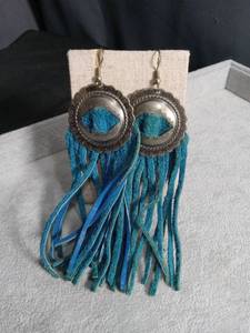 lot 6439 image: Pair of Tassel Fringe Earrings with Metal Circle Ornament