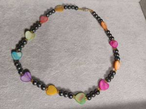 lot 6440 image: Beaded Necklace with Multicolor Heart Charms and Metal Spacers