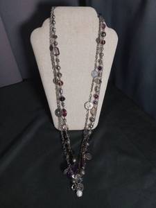 lot 6449 image: Long Beaded Chain Necklace with Coin Charms and Purple Stones
