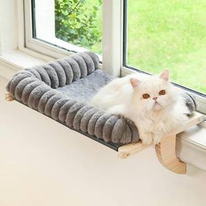 lot 627 image: Valigogo Cloud-Soft Cat Window Sill Perch with Zipper Designed Cushioned Bed, Supportive Cat Window Seat with Premium Solid Wood & Sturdy Metal Frame, Pet Hammock Bed for Large Cats (Medium, Gray) - Retail $27
