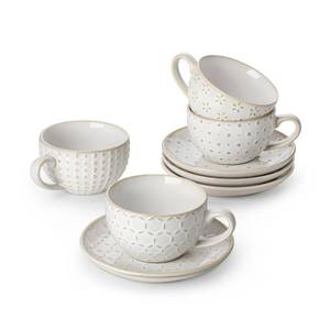 lot 628 image: MALACASA 6 OZ Cappuccino Cups with Saucers Set of 4 - Ceramic Stackable Tea Cups and Saucers, Embossment Coffee Mugs for Tea, Latte and Mocha, Dishwasher Safe, Arctic white, LYDIA Series - Retail $28