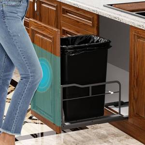 lot 630 image: Pull Out Trash Can Under Cabinet with Push to Open Slides, Heavy Duty Cabinet Trash Can Pull Out Kit with Door Mounting Kit for Kitchen, Requires 13 W Cabinet Opening (Waste Bin Not Included) - Retail $40