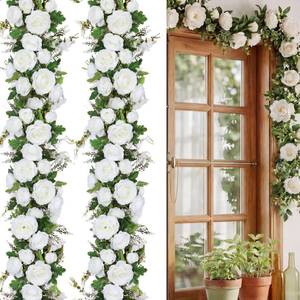 lot 637 image: Riceshoot 4 Pcs 6ft Flower Garland with Peony & Rose - Artificial Silk Floral Vine Hanging Fake Roses Vine for Wedding Party Home Decor, Spring Flowers for Arch Table Mantel Decoration (White) - Retail $50
