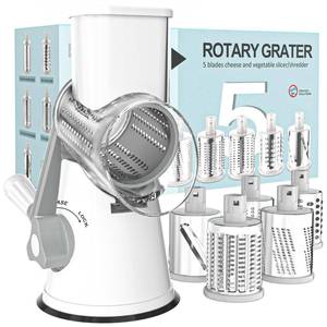 lot 643 image: Cambom Rotary Cheese Grater Hand Crank Cheese Shredder for Fresh Cheese, Vegetable, Nuts,Non-slip Suction Base, Five Blades, White - Retail $36