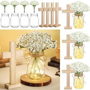 lot 647 image: Wavwavw 37 Pcs4 Sets Baptism Centerpieces for Table Cross Mason Jar Centerpieces with Wooden Cross Crafts Light Strings for Baptism First Communion Church Wedding Favors(Babys Breath) - Retail $36