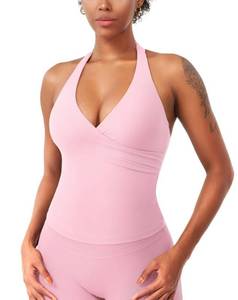 lot 648 image: YEOREO CoreFlex Womens Halter Tank Tops Workout Impact Longline Strappy Top Padded Deep V Neck Wrap Gym Backless Camisole Baby Pink XL - Retail $27
