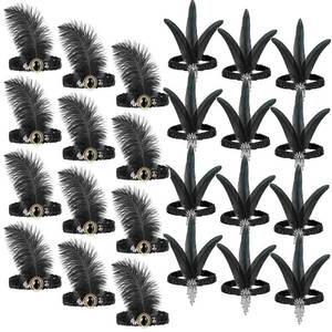 lot 652 image: IANFAN 24 Pcs 1920s Flapper Headband, Black Feather Headpiece for Women 20s Costume Flapper Headpiece Bulk for Gatsby Theme Party Accessory - Retail $22