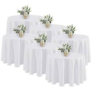 lot 663 image: Fitable 6 Pack White Tablecloths for Round Tables - 108 Inches in Diameter - Stain Resistant and Washable Table Clothes, Polyester Fabric Table Covers for Wedding, Party, Banquet, Formal Events - Retail $68