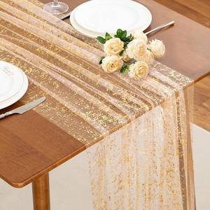 lot 667 image: SiinvdaBZX 4 Pcs Beige Gold Table Runner 120 Inch 10 Ft, Sheer Gauze Tulle Sequin Golden Glitter Metallic Foil Table Runners for Dining Wedding Anniversary Party Birthday Christmas Thanksgiving - Retail $17