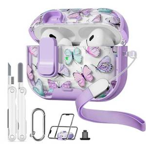 lot 687 image: Skyconser with Safety Lock for AirPods Pro 3rd Generation Case Cover,Clear Butterfly Floral Cute with Phone Stand & Cleaner Kit for AirPod Pro Case for Women Girly-Purple - Retail $9
