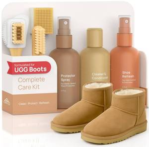lot 693 image: FORTIVO Suede Cleaning Kit Compatible for UGG Footwear - Sheepskin & Suede Gentle Cleaner and Conditioner, Protector Spray, Odor Remover, Suede Stain Nap Eraser, Dual Brush Set for UGG Shoes - Retail $33