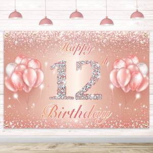 lot 696 image: Happy 12th Birthday Banner Backdrop - 12 Birthday Party Decorations Supplies for Girls or Boys - Rose Gold 4 x 8ft - Retail $11