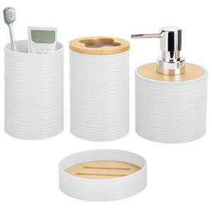lot 698 image: 4 Pieces Bamboo Bathroom Accessories Set, Bathroom Accessory Set with Soap Dispenser and Toothbrush Holder, Soap Dish and Toothbrush Cup, Boho Bathroom Decor(White) - Retail $14
