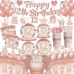 lot 703 image: 25 Sets 12th Birthday Decorations for Girls, Pre-assembled Happy 12th Birthday Banner Cake Topper Rose Gold Plates and Napkins Party Supplies with 2 Pcs 12 Birthday Tablecloth for 12 Year Old Girl - Retail $25