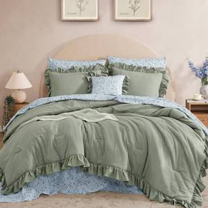 lot 712 image: BLOOMHAVEN Queen Comforter Set - 7 Pieces Ruffle Sage Green Bedding Sets, Shabby Chic Farmhouse Bed in a Bag Queen with Ruffle Comforter, Floral Sheets, Pillowcases & Shams - Retail $70
