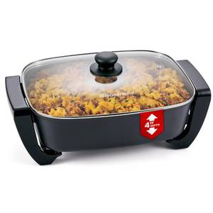lot 715 image: Elite Gourmet 15 x 12 x 4 Electric Skillet, Xtra Deep Dish, Ceralast PFAS Free Ceramic, 1500W Rapid Heat, Tempered Glass Vented Lid, Dishwasher Safe, 12.5 Qt., BlackGray - Retail $64